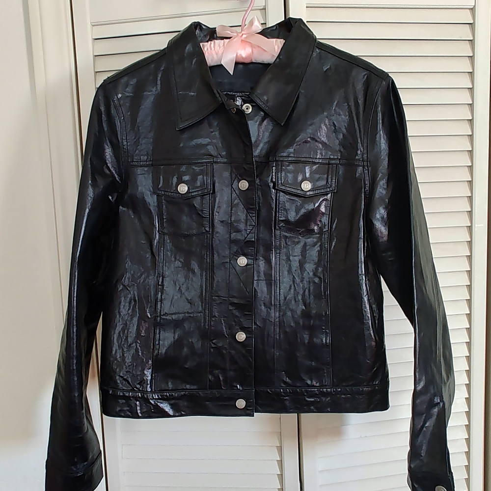GUESS LEATHER BLACK GLAZED LEATHER JACKET